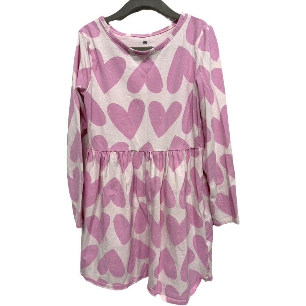 H&M Girls Pink Heart Print Long Sleeve Dress Size 6X/7 Soft Stretch Valentine